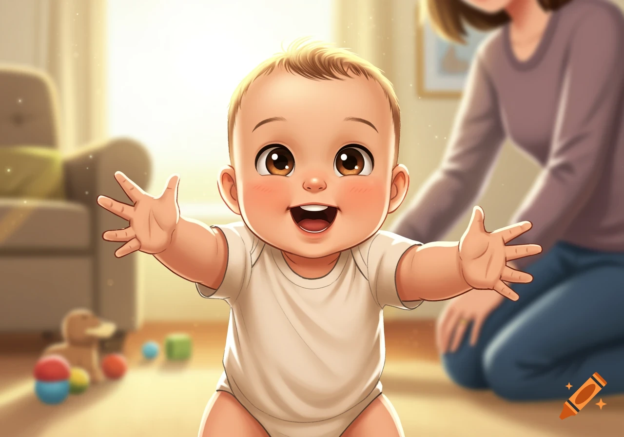 A cute, happy cartoon baby with brown eyes, wearing a white onesie, reaching out with both arms. A blurred figure of a mother is in the background.