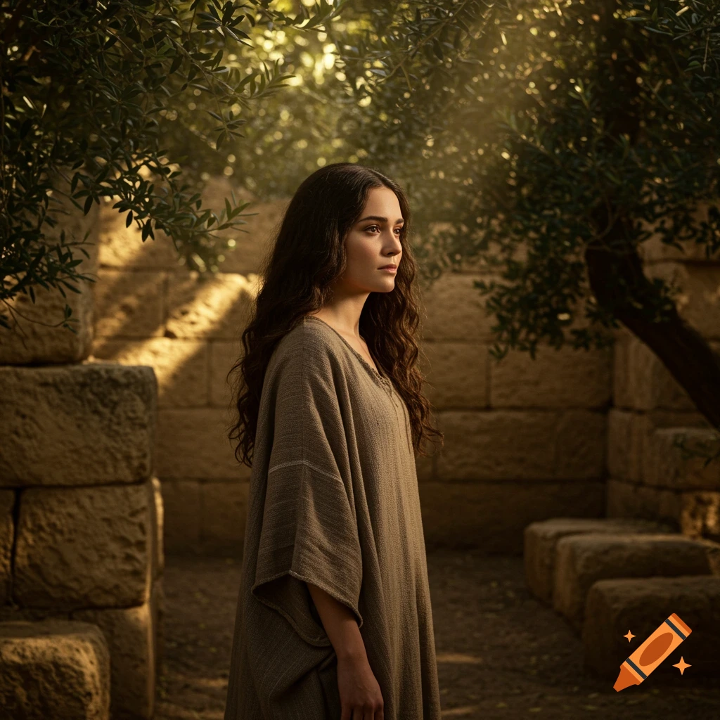 A woman in a simple robe stands in an ancient stone courtyard under an olive tree, bathed in dappled sunlight, looking pensively to the right.