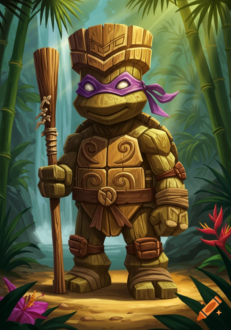 Donatello from TMNT reimagined as a detailed wooden tiki statue with a purple mask, holding a staff in a jungle setting.