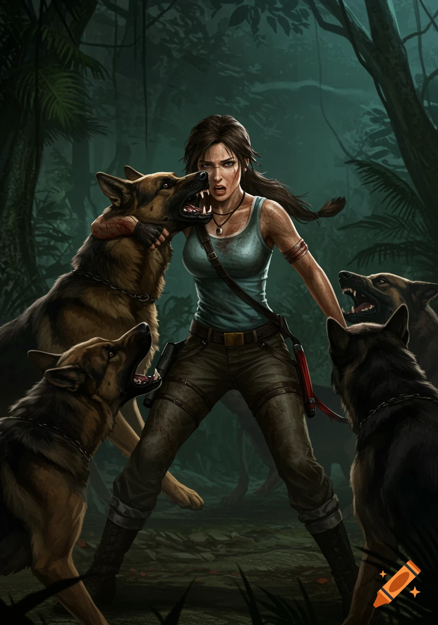 Lara Croft fiercely battles a pack of aggressive German Shepherds in a dark jungle, in a dramatic digital art style.