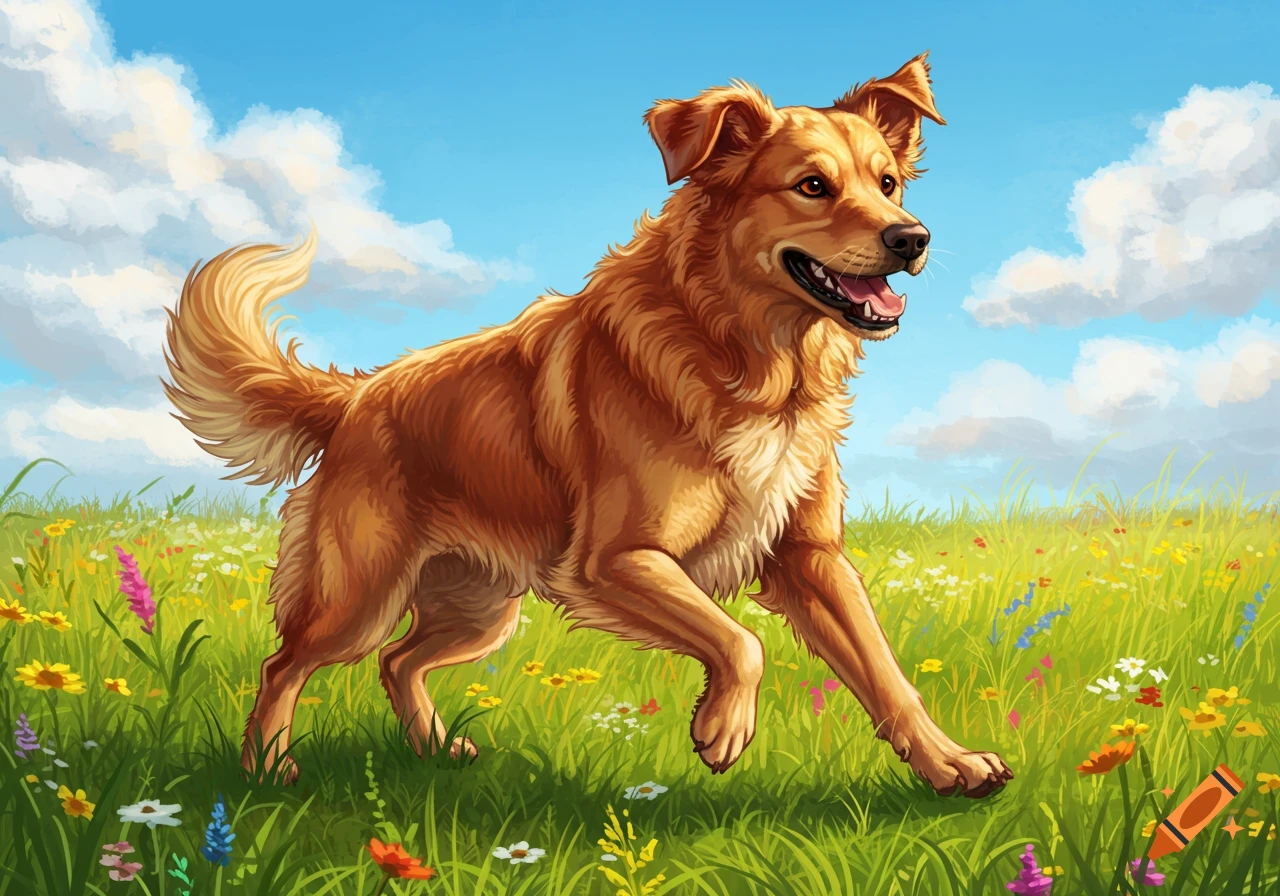 A happy golden-brown dog trots through a vibrant green field filled with colorful wildflowers under a bright blue sky.