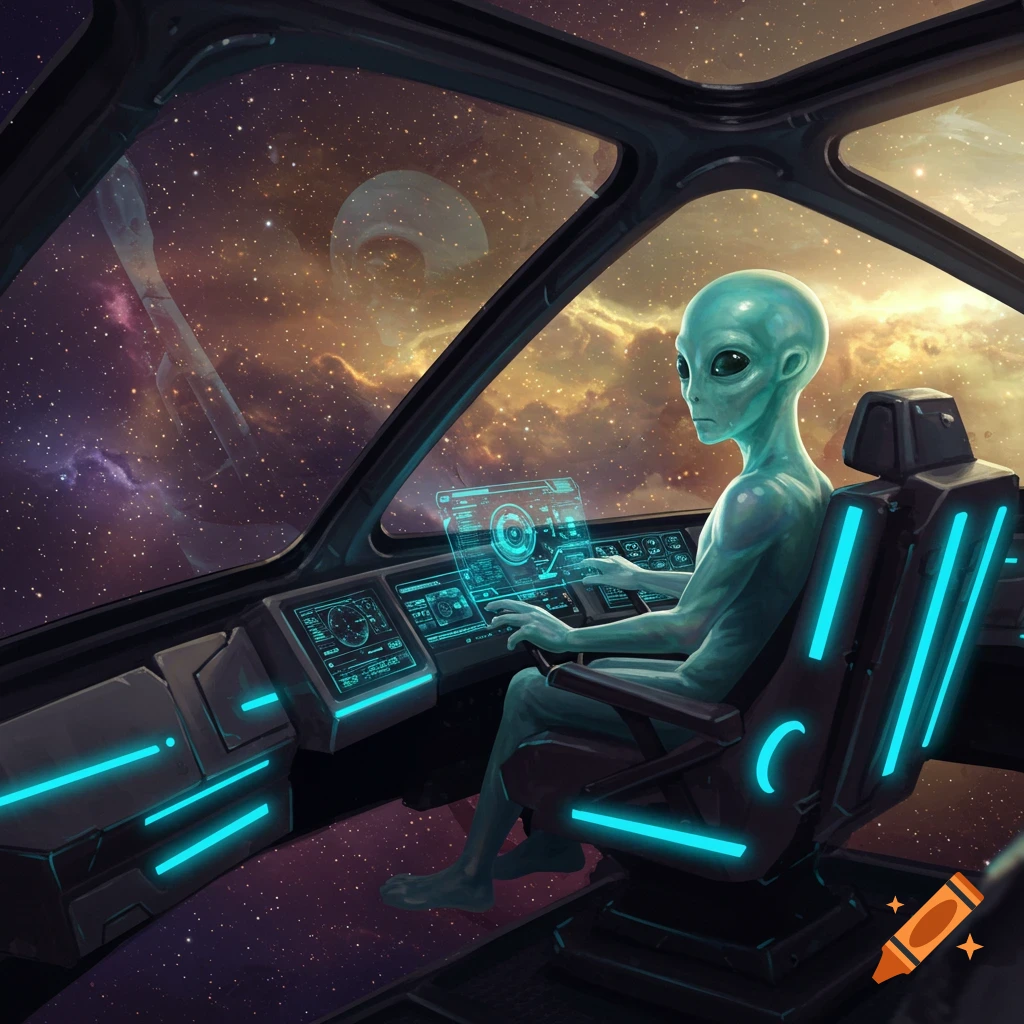 A teal-skinned alien pilots a futuristic spaceship, looking out at a colorful galaxy.