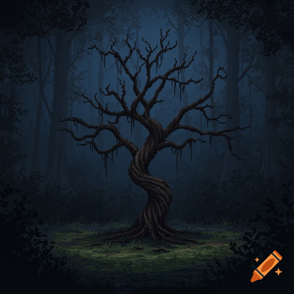 Pixel art of a twisted, creepy tree standing in a dark, moody forest clearing.