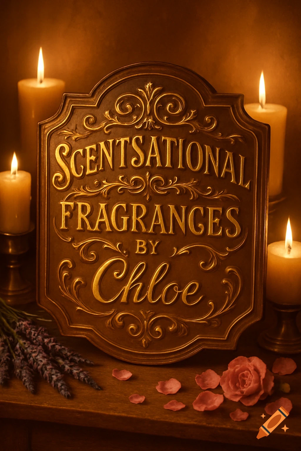 Ornate gold sign 'Scentsational Fragrances by Chloe' among glowing candles, lavender, and rose petals on a wooden surface.
