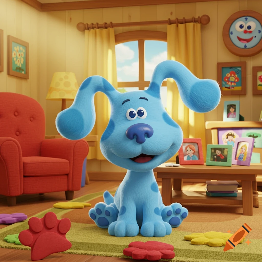 A happy, fluffy blue cartoon dog with floppy ears sits on a green rug in a brightly lit living room.