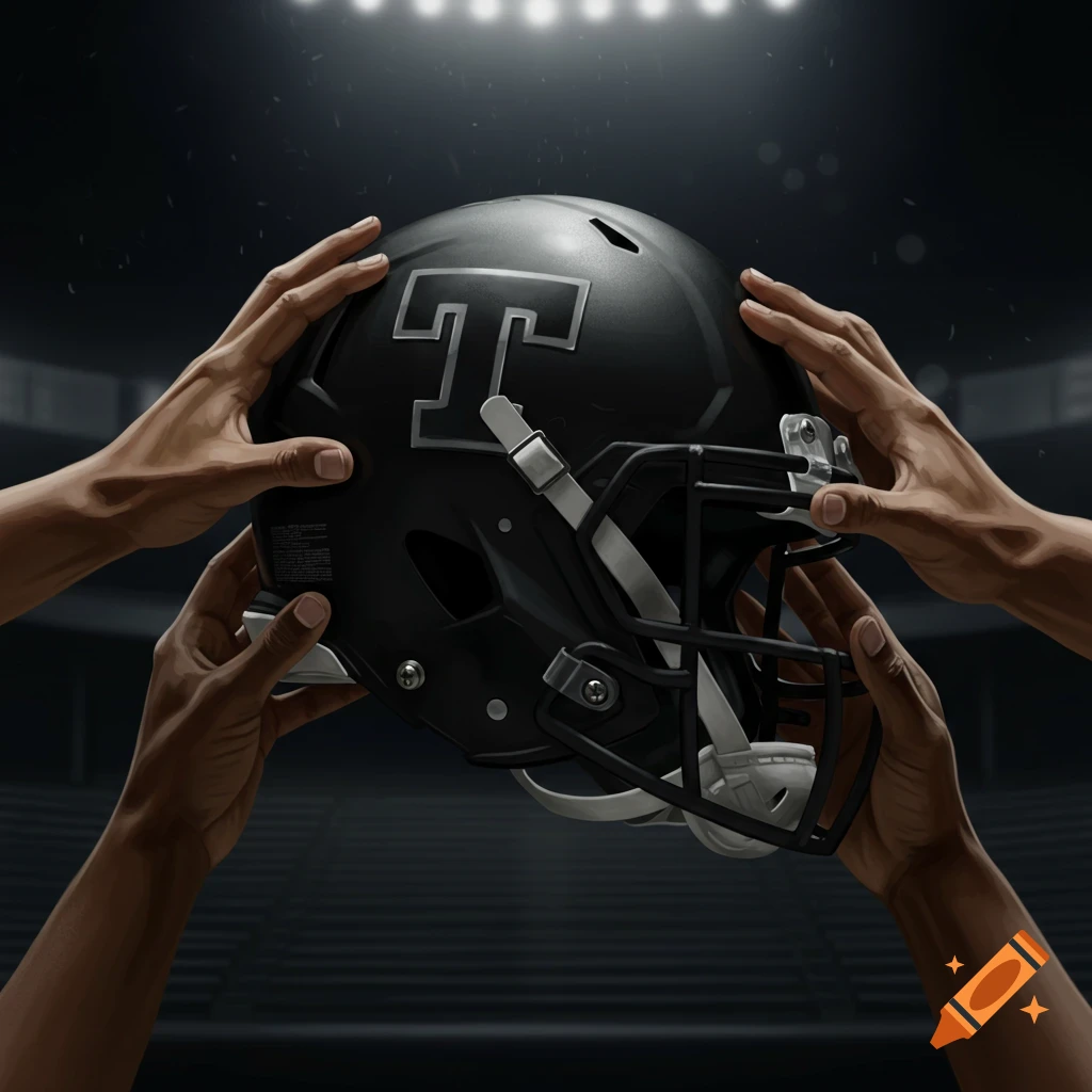 Two hands hold a black football helmet with a silver 'T' logo in a stadium under bright lights.