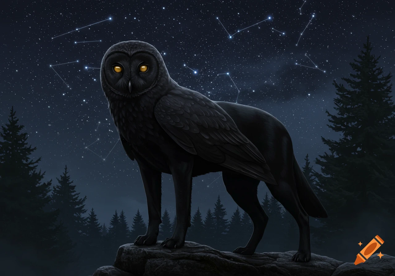 A black owl-headed dog stands on rocks under a starry night sky with constellations and pine trees.