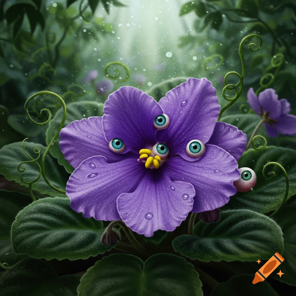 A vibrant purple African violet flower with multiple blue and green eyeballs embedded in its petals and leaves, in a misty green jungle setting.