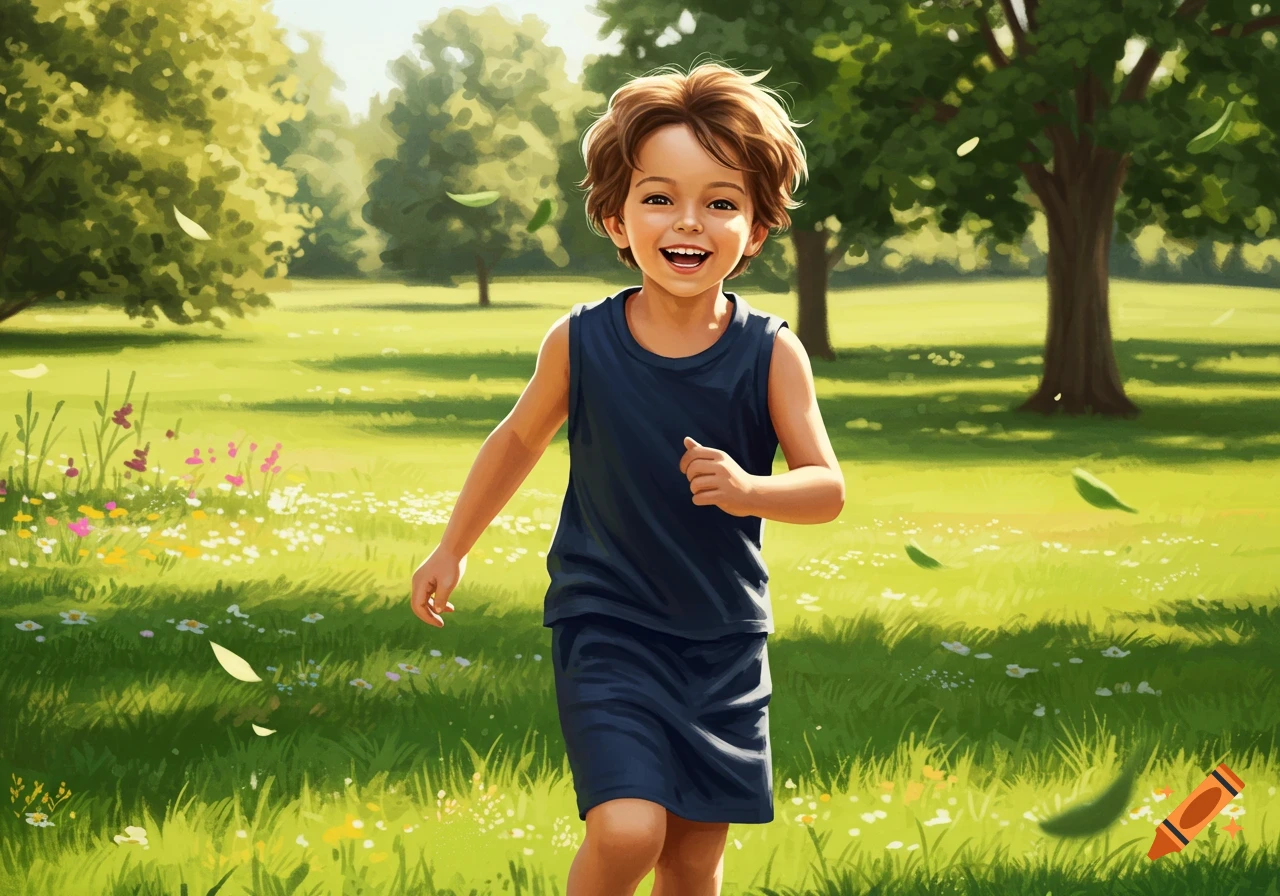 A smiling young boy in a navy blue tank top and skort runs through a sunny green park with wildflowers and falling leaves.