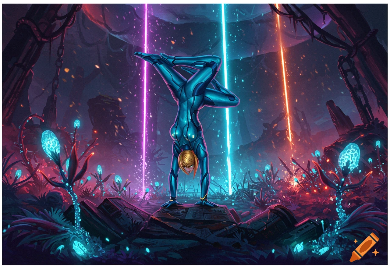 Zero Suit Samus in a blue suit doing a handstand in a vibrant alien jungle with glowing plants and neon light beams.