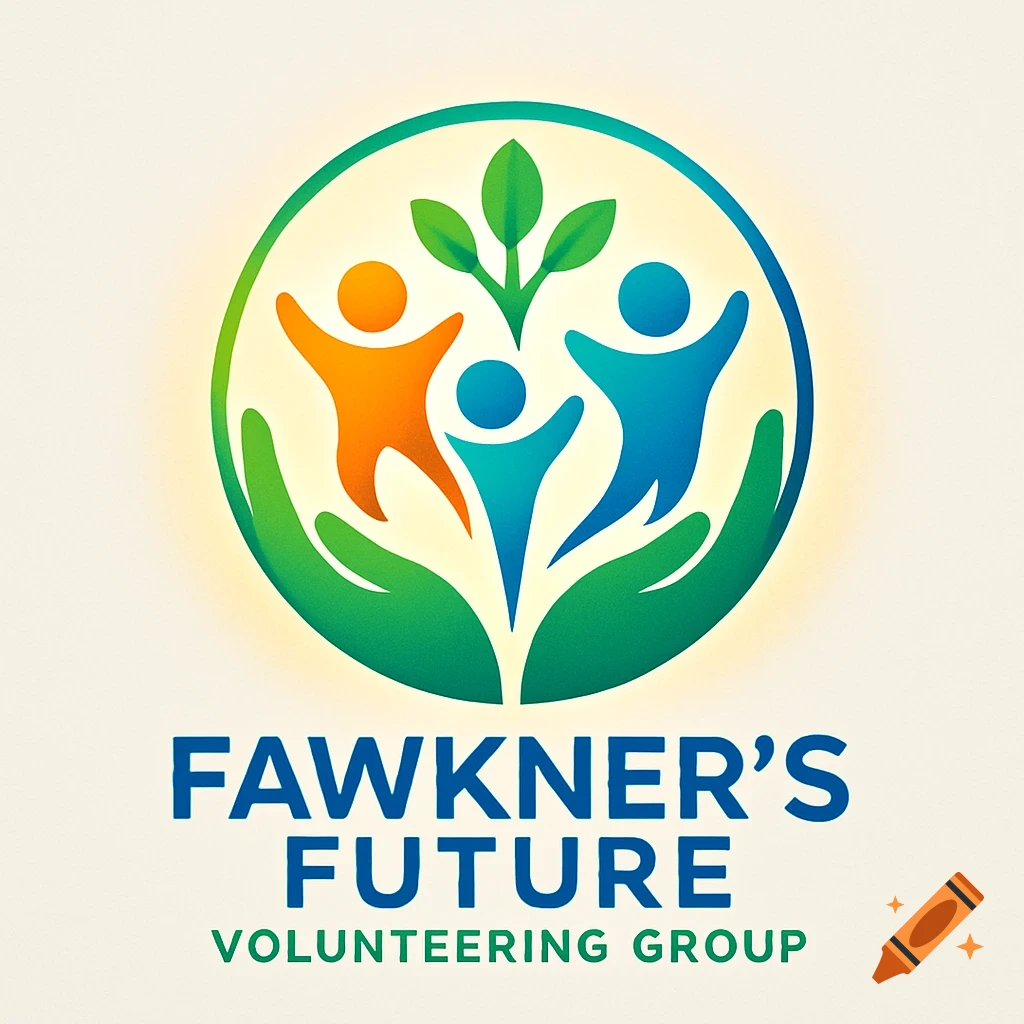 Vibrant logo with stylized human figures and leaves in a circle, held by hands, above "FAWKNER'S FUTURE VOLUNTEERING GROUP" text.