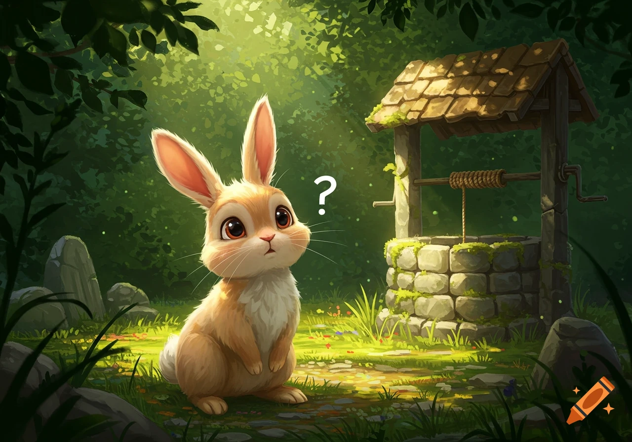 A cute brown and white bunny looks confused with a question mark above its head in a lush green forest beside an old stone well, in an illustrated style.