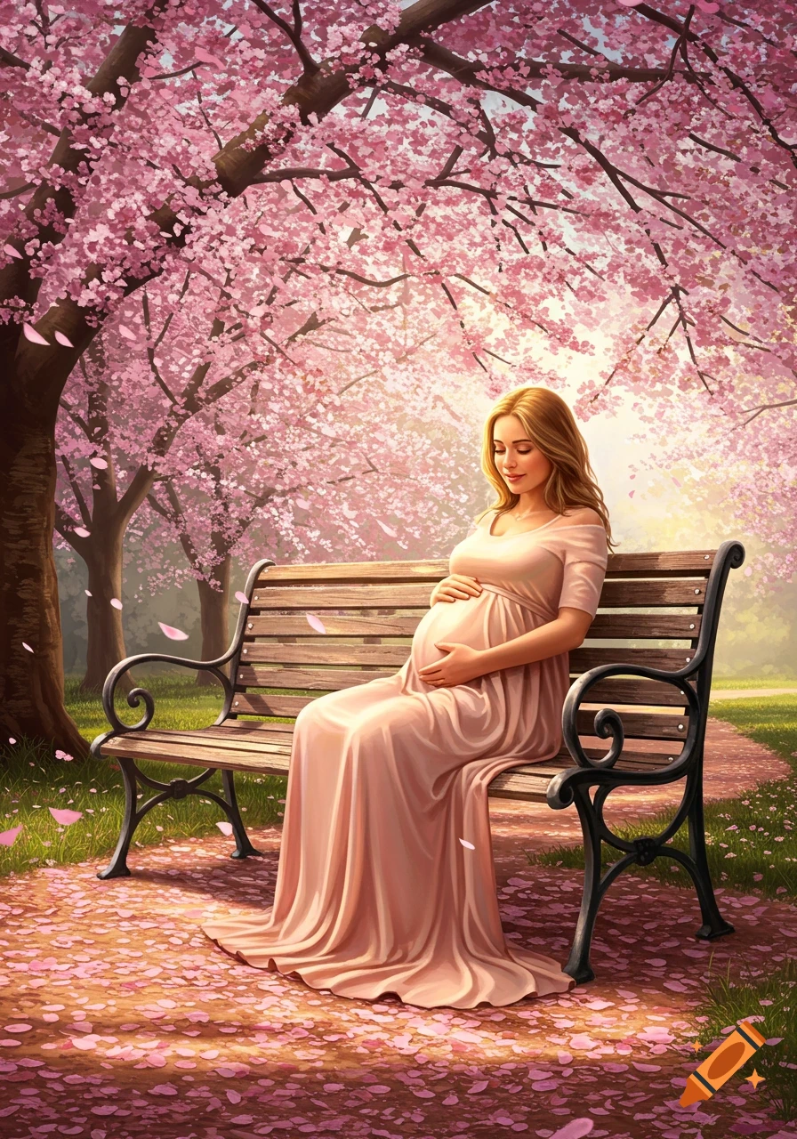 A pregnant woman in a peach dress sits on a park bench under a canopy of pink cherry blossoms, looking down at her belly.