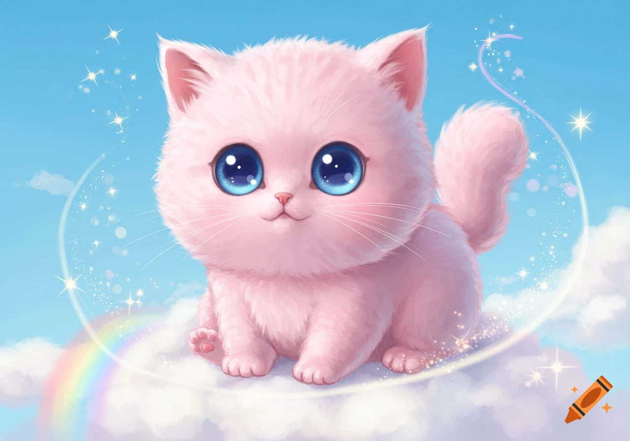 A cute pink cartoon cat with large blue eyes sits on a cloud with a rainbow and sparkles.