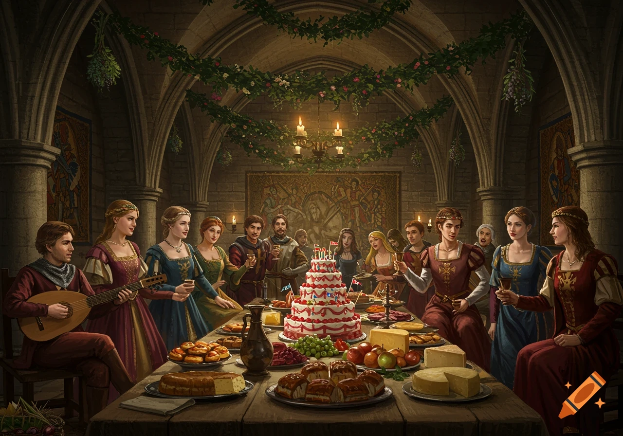 A large group of people in medieval attire gathered around a table laden with food, including a tiered cake, in a grand hall.