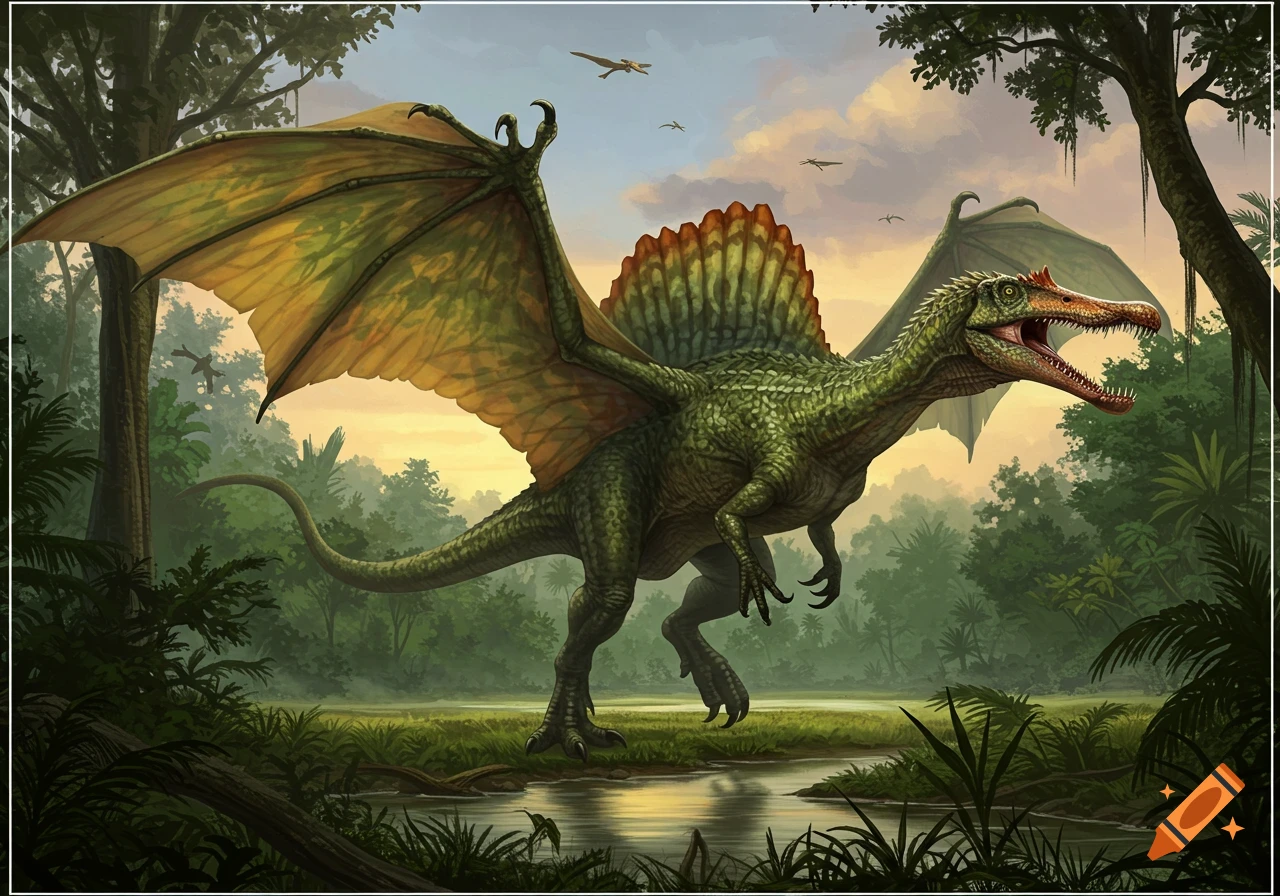 A green winged Spinosaurus with an open mouth stands in a lush jungle next to a stream at sunset.