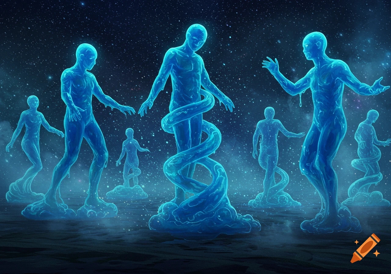 Glowing blue liquid humanoids stand in a dark, star-filled cosmic space, some morphing or emerging from the slime.