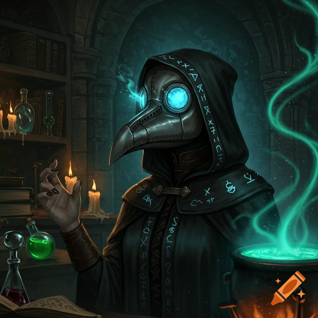 A plague doctor in a hooded cloak with glowing runes stands in a dark alchemist's lab, a bubbling cauldron emits green smoke.