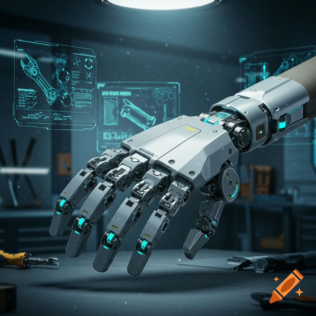 A detailed, photorealistic robotic hand with a silver and black design, featuring glowing blue accents, in a futuristic workshop with holographic diagrams.