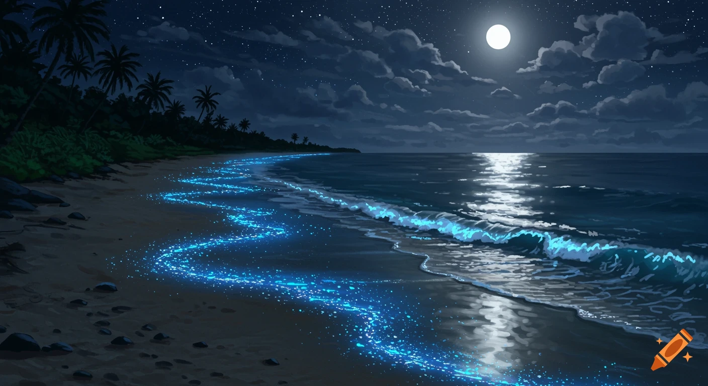 A night beach scene with glowing blue bioluminescent waves reflecting the full moon, palm trees line the shore under a starry sky.