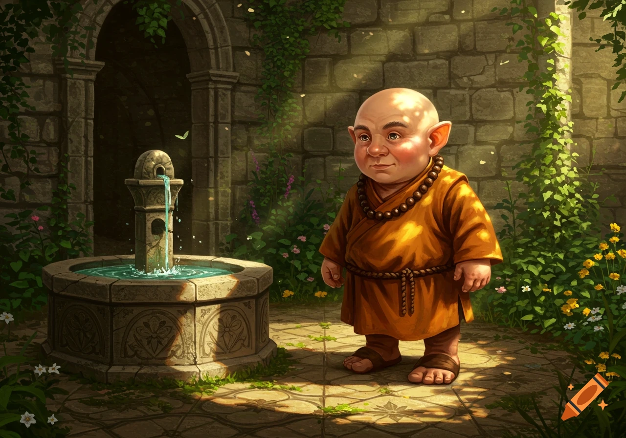 A bald, stout fantasy monk in orange robes stands by a stone fountain in a sunlit garden.