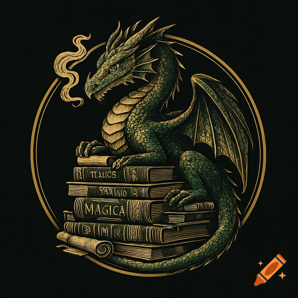 A green and gold dragon sits atop a stack of old books, depicted within a golden circular frame on a black background.