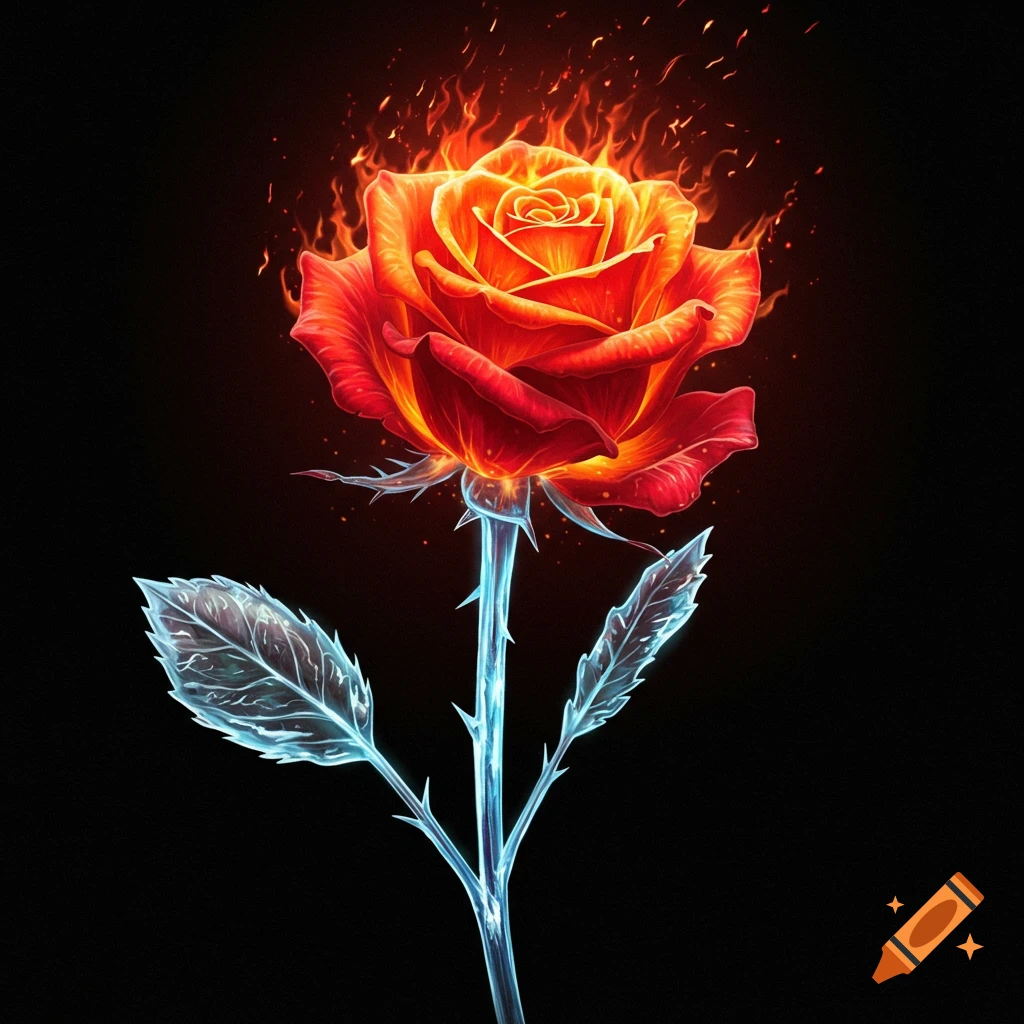 Lime green rose bud in blue to orange flame, image size:1024x1024