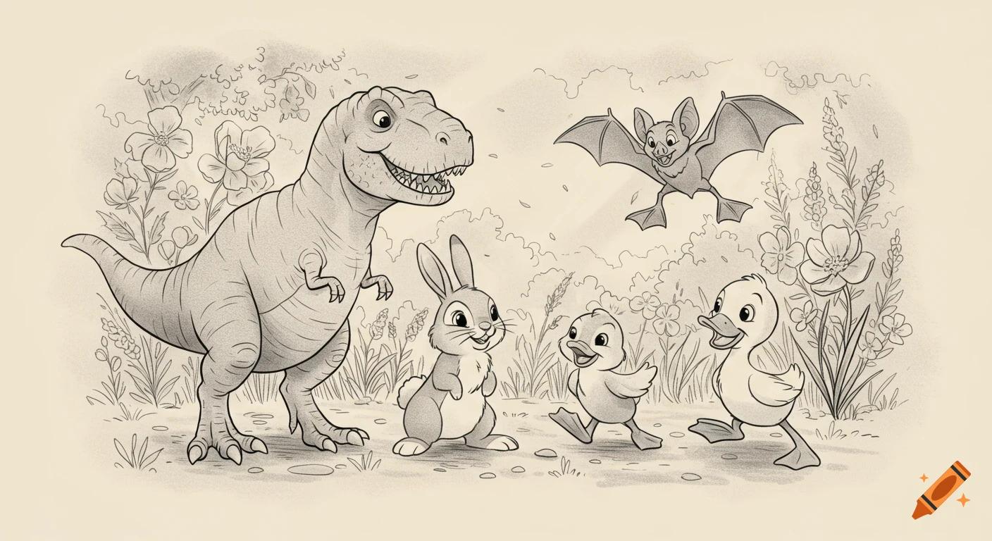A black and white cartoon drawing of a T-Rex, bunny, bat, and two ducklings playing together in a field with flowers.