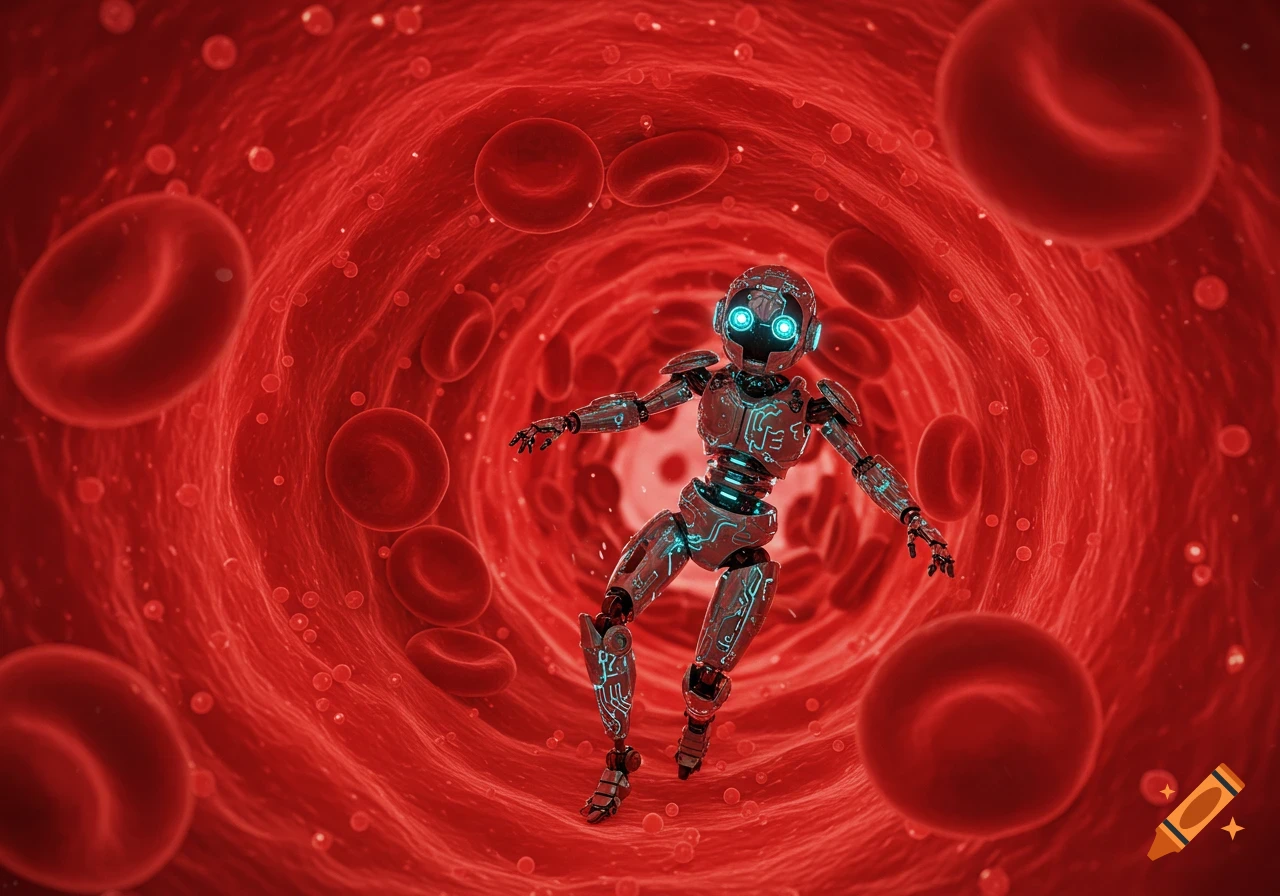 A nanotech robot with glowing blue eyes floats in a red human bloodstream with red blood cells.
