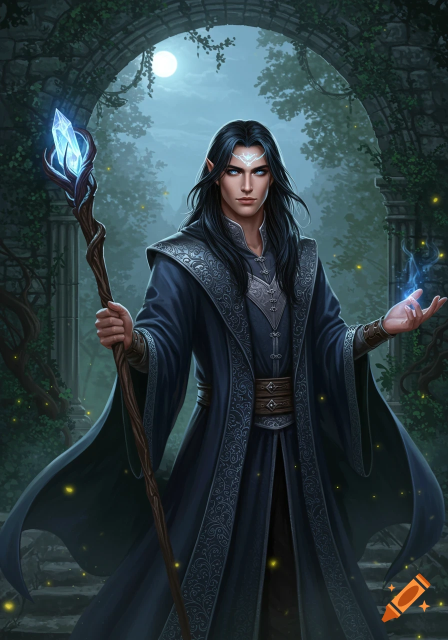 A young, dark-haired elven wizard with blue eyes in ornate robes holds a glowing staff under a full moon in a mystical archway.