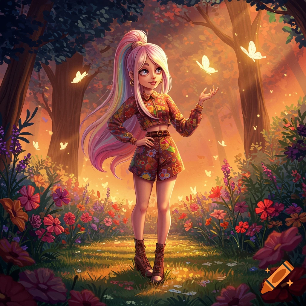An animated girl with long pink hair in a colorful outfit stands in an enchanted forest with glowing butterflies.