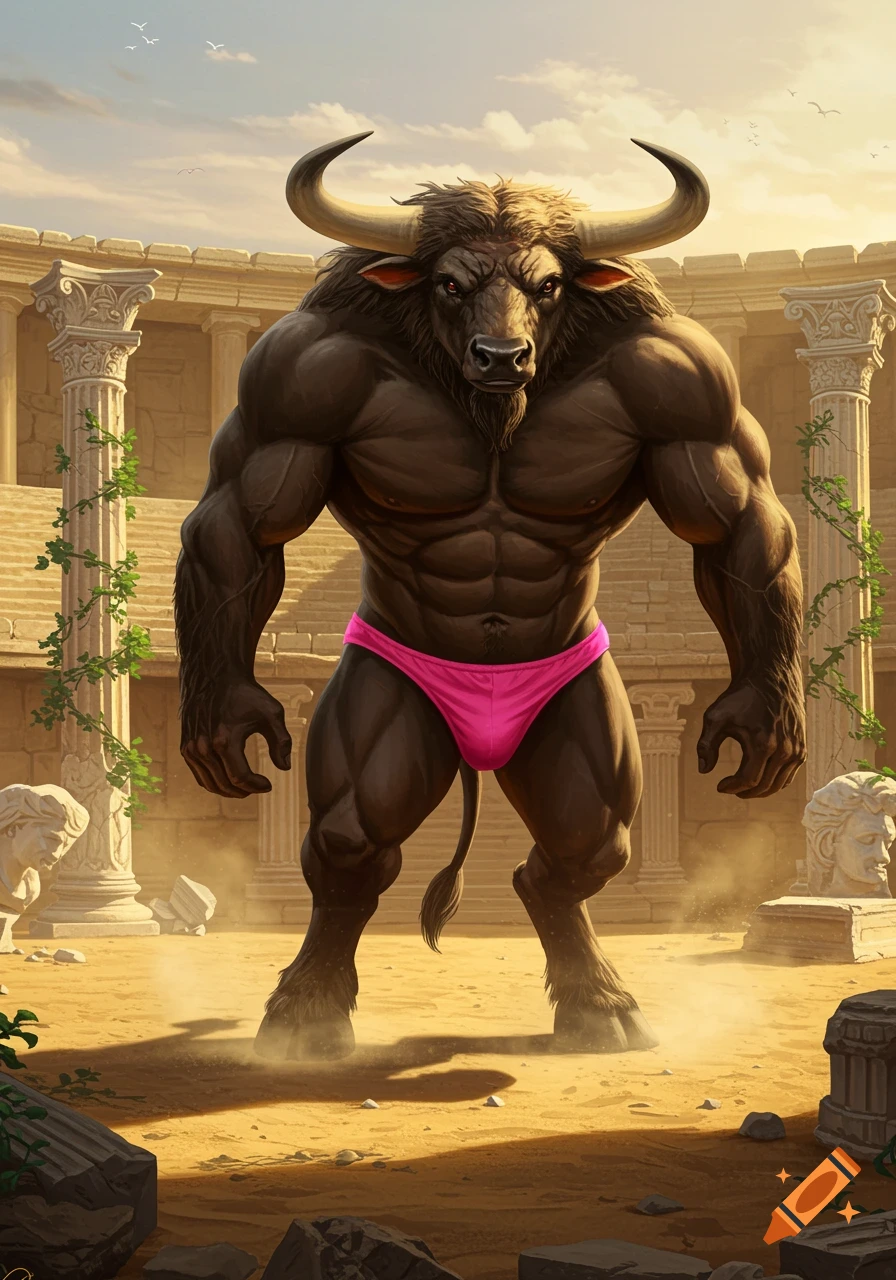 A muscular Minotaur wearing a pink mankini stands confidently in ancient ruins under a sunny sky in a detailed digital painting.