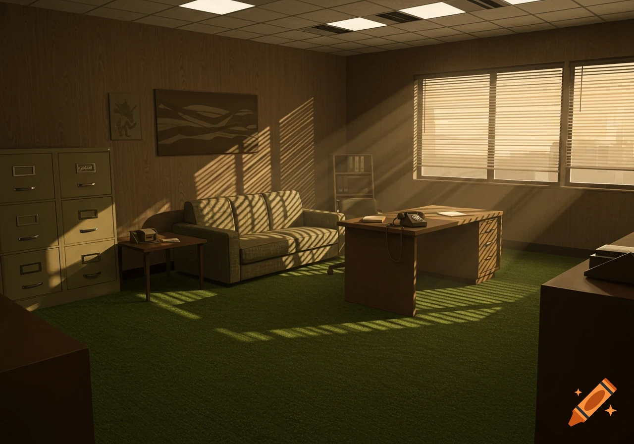 An empty 1970s office interior with green carpet, filing cabinets, a desk, and a sofa, illuminated by sun rays through window blinds.