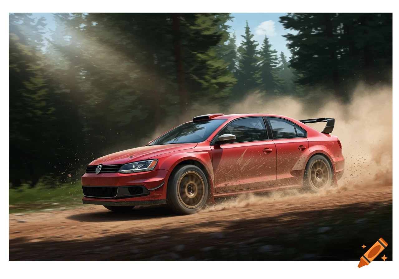 A red Volkswagen Jetta rally car drives on a dirt road in a forest, kicking up dust.