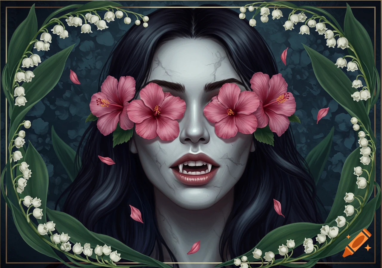 Stylized illustration of a vampire with pink hibiscus flowers over eyes, fangs visible, framed by lily of the valley.