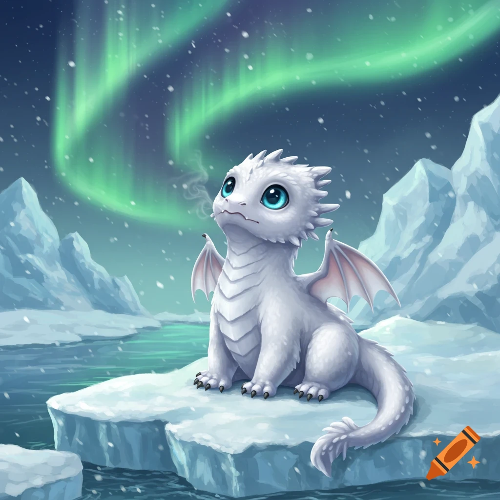 A cute white baby dragon with big blue eyes sits on an ice floe in a snowy landscape under green aurora borealis.