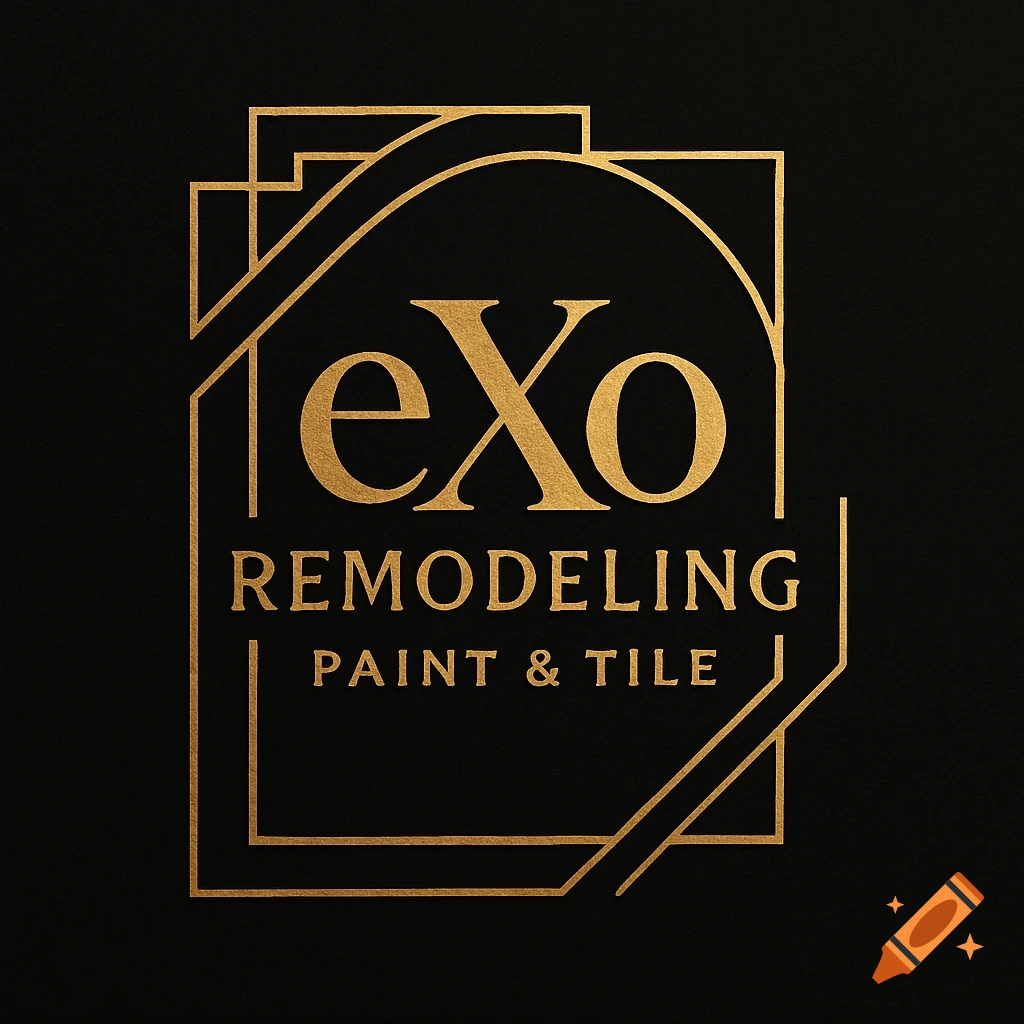 A gold logo for 'eXo Remodeling Paint & Tile' on a black background, framed by geometric lines.