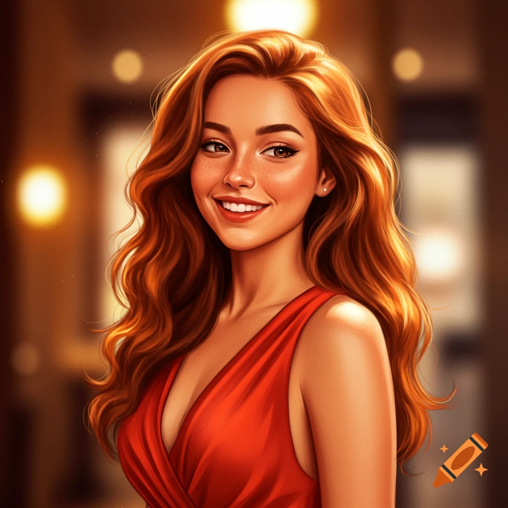 A smiling woman with long auburn hair wearing a red dress, in a digital art style.