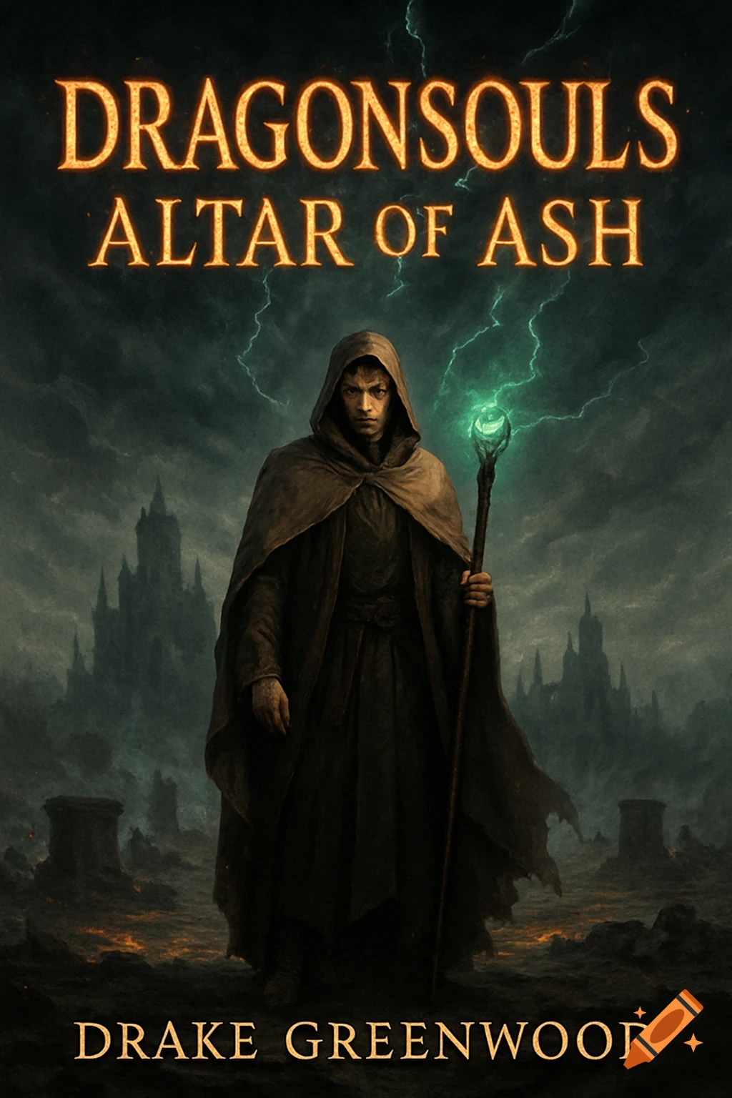 A hooded figure holding a glowing green staff stands before a dark castle and stormy sky, with text 'Dragonsouls: Altar of Ash' and 'Drake Greenwood'.