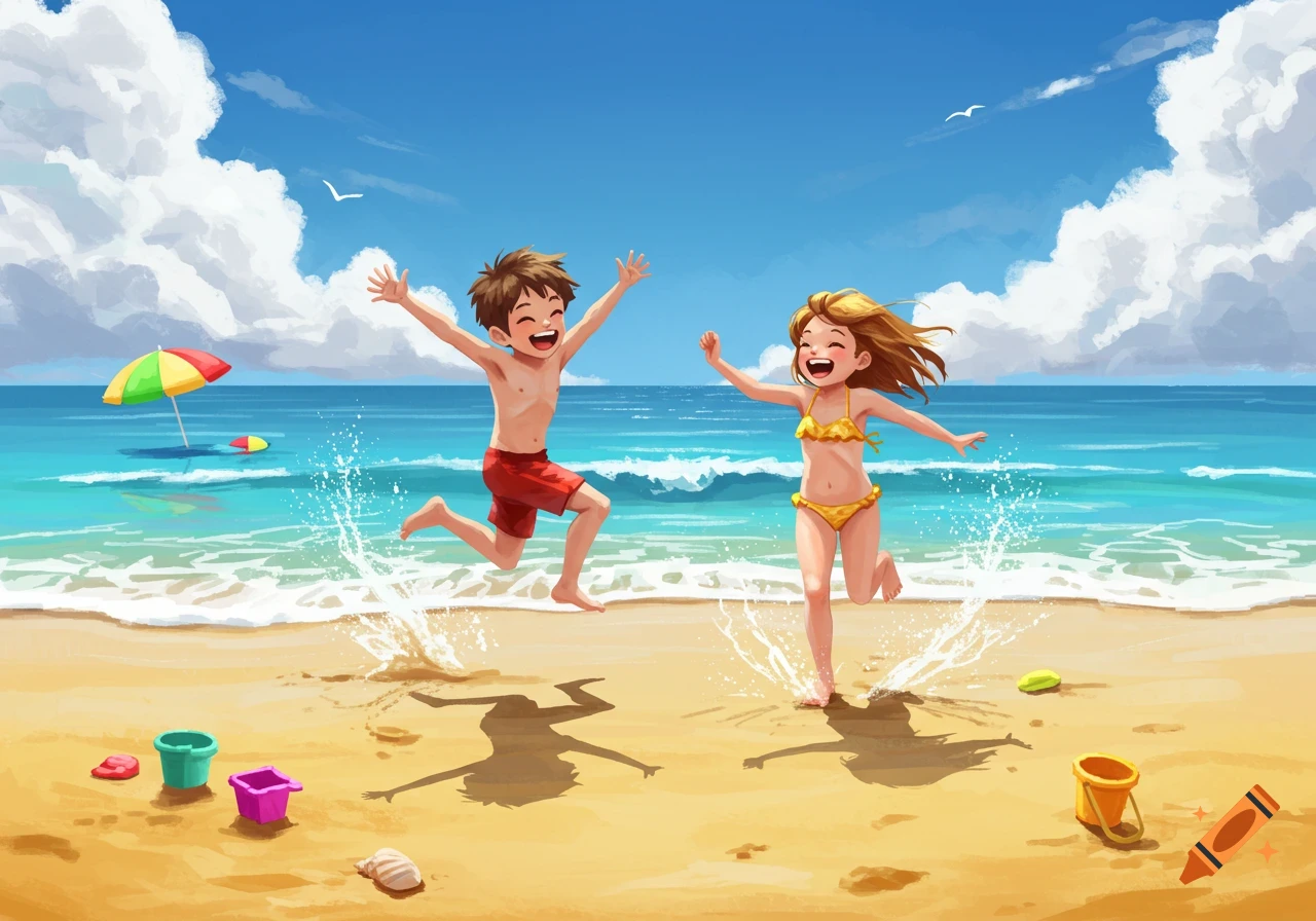 Cartoon illustration of a boy and girl in swimsuits splashing and running on a sunny beach.