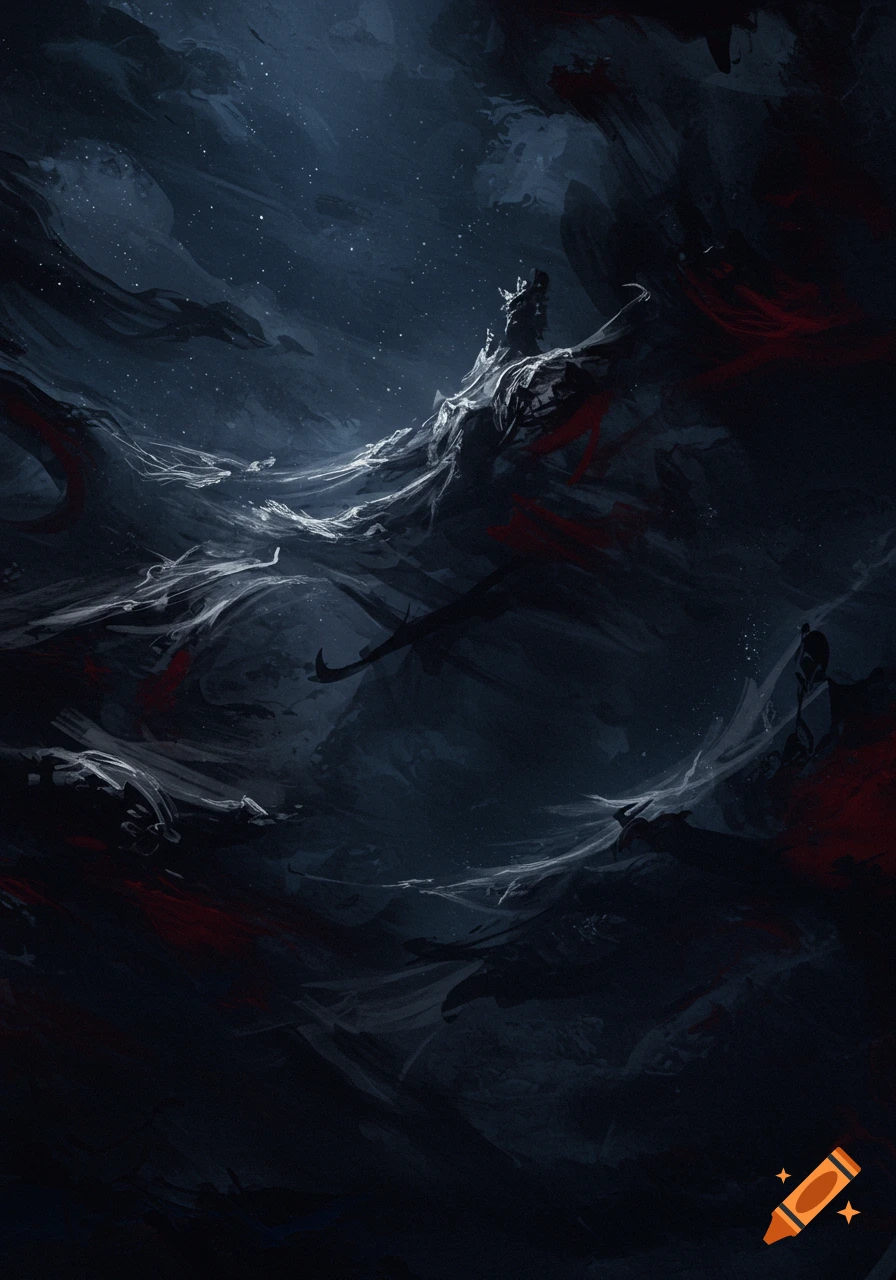 Dark, abstract digital painting with swirling grey, white, and red brushstrokes, featuring a small figure on a desolate peak under a starry sky.