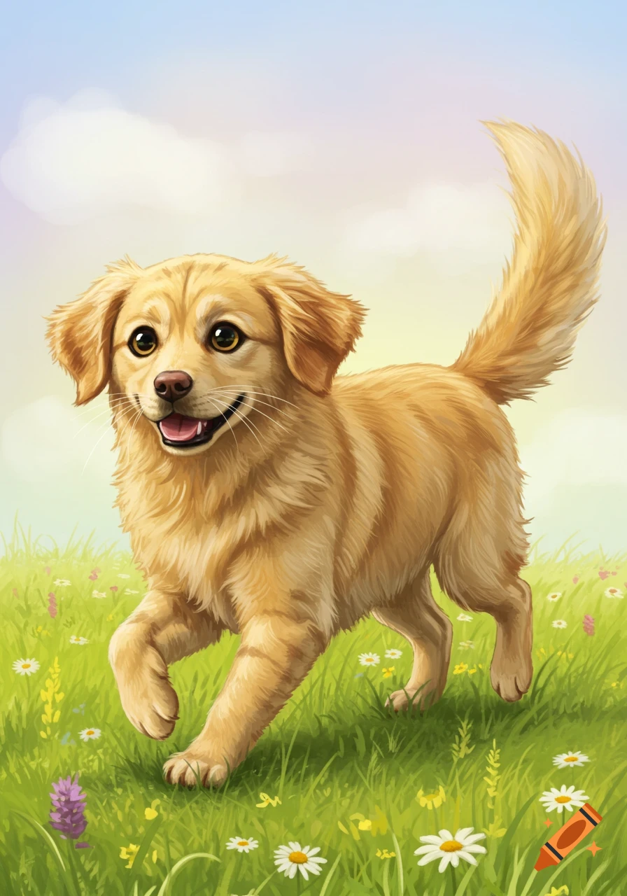 A happy golden retriever puppy running through a vibrant green field filled with colorful wildflowers under a bright sky.