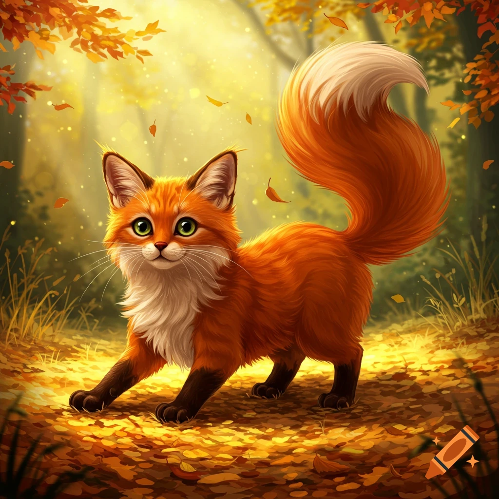 A cute, stylized orange fox-like creature with green eyes crouching in an autumn forest with golden light and falling leaves.