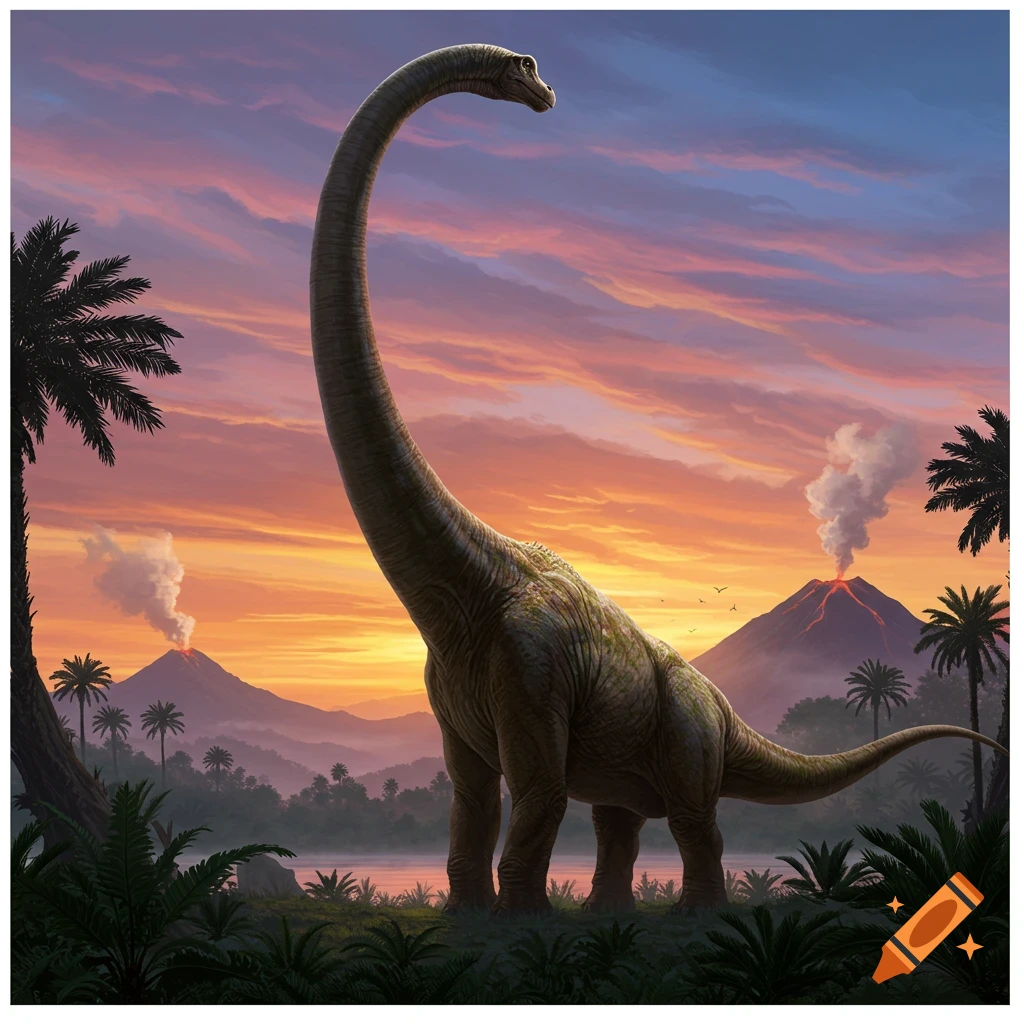 A large sauropod dinosaur stands in a prehistoric landscape with erupting volcanoes and palm trees at sunset.