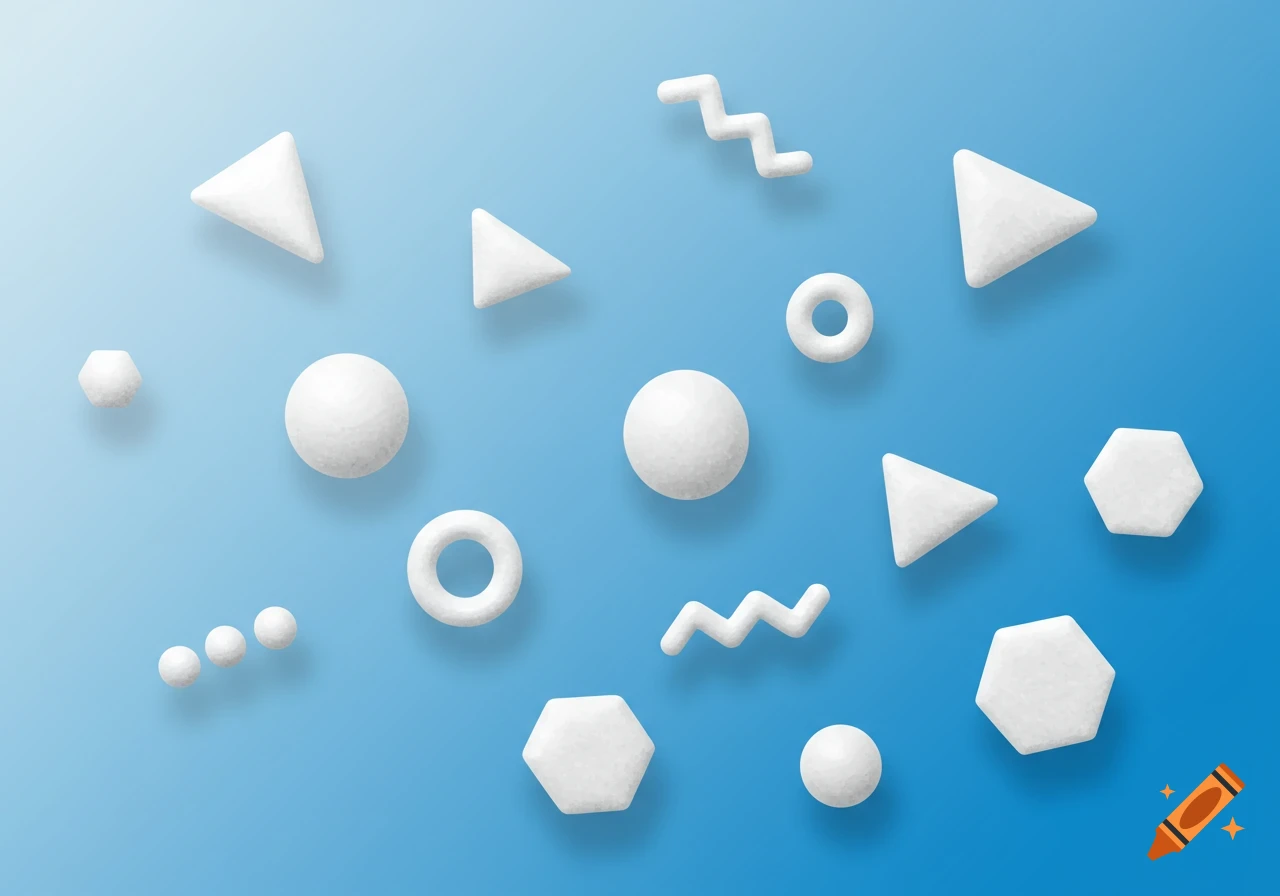 White 3D geometric shapes including triangles, spheres, hexagons, and rings floating on a blue gradient background.