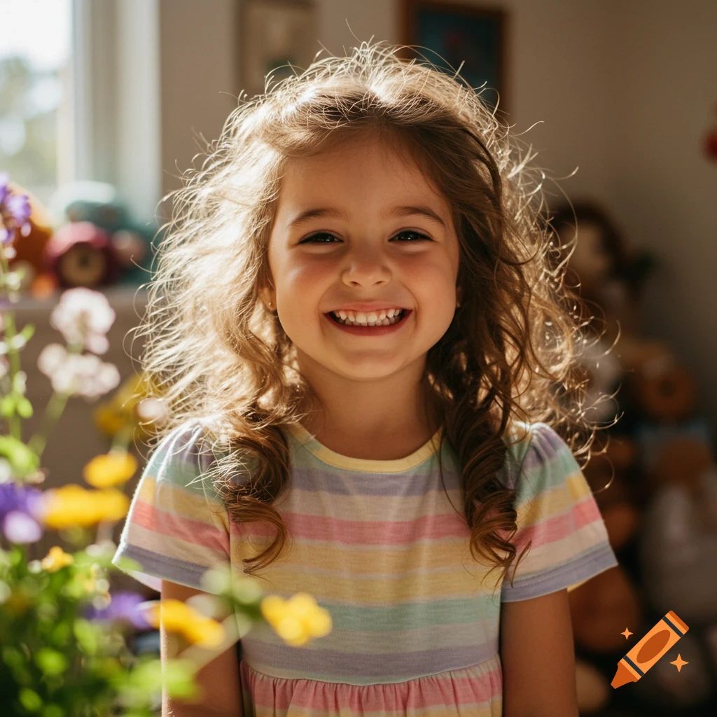 A smiling young girl with wavy hair in a striped dress, backlit by sunlight, with flowers in the foreground.