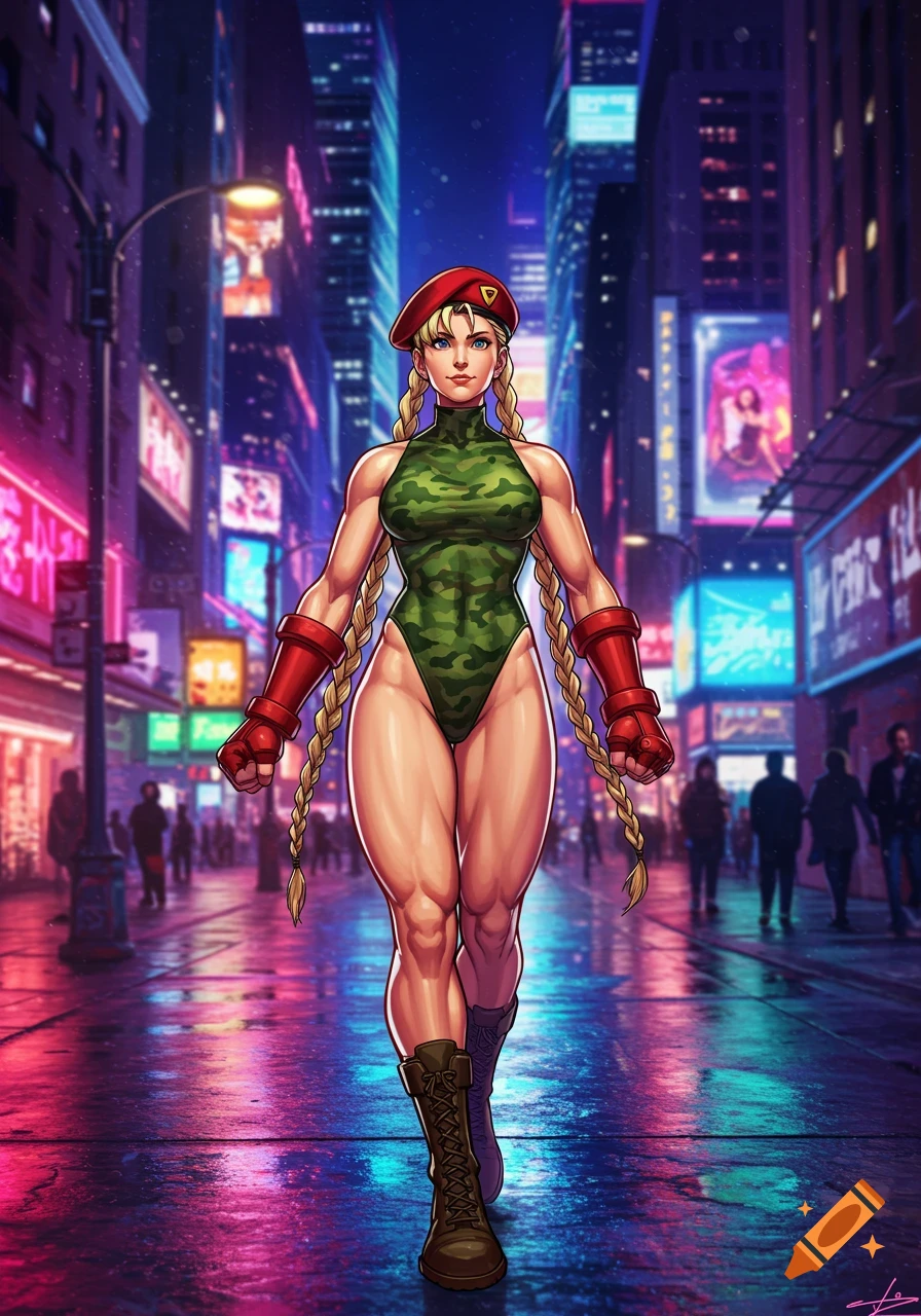 Cammy from Street Fighter in a green camouflage leotard and red gauntlets walks confidently down a neon-lit city street at night.