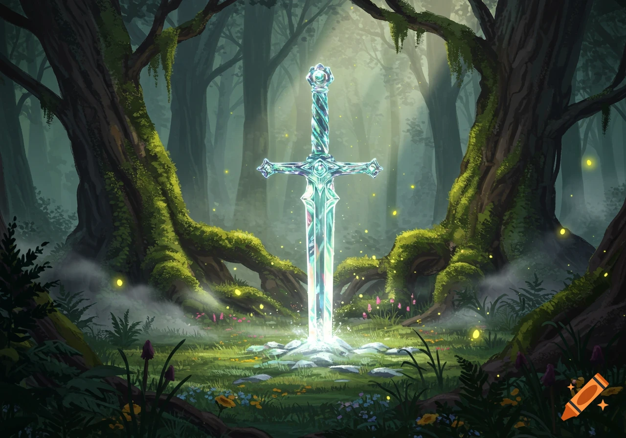 A luminous, ornate sword plunged into glowing ground in a dark, mossy forest bathed in sunlight.