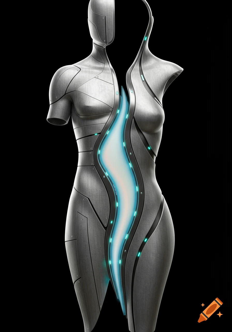 Two metallic, robotic-like torsos, one masculine and one feminine, fused together with a glowing blue energy line down the middle.
