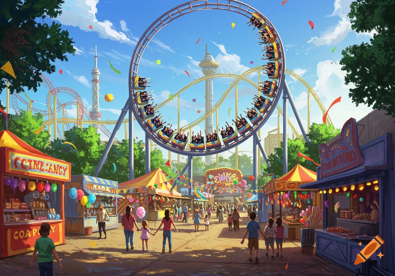A bustling theme park with a large circular roller coaster in action, surrounded by colorful carnival stalls and many people walking around under a bright blue sky.